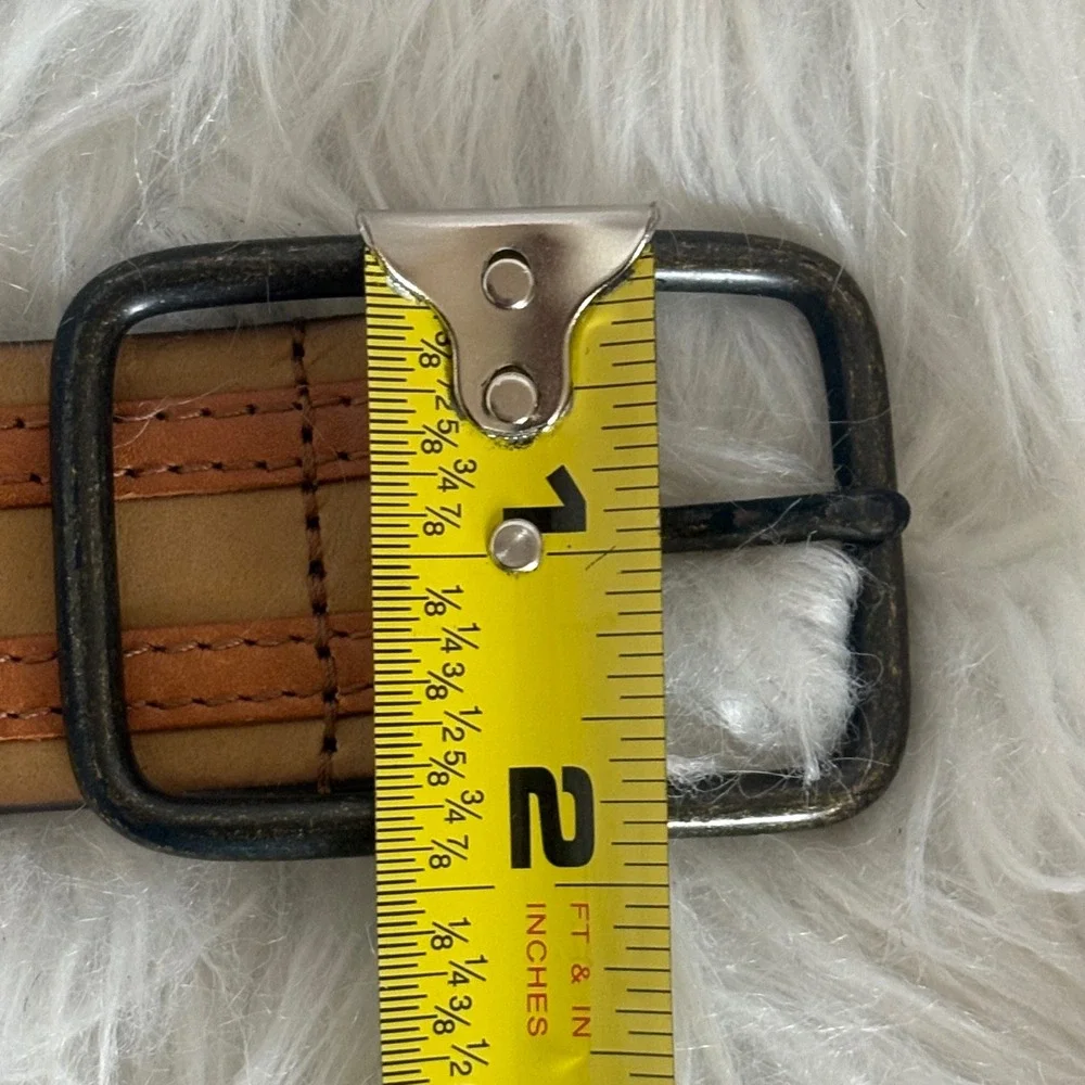 Linea‎ Pelle 230800 Tan Brown Striped Leather Belt Size 34 Antique Brass Buckle